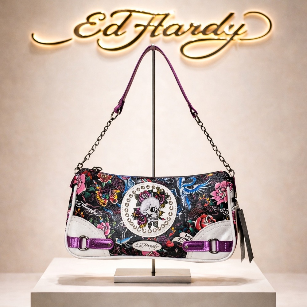 Ed Hardy Shoulder / Crossbody Bag Skull Rose Tattoo Print Rhinestone ms Y2K Punk